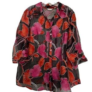 Erin London Large Floral Semi Sheer Button Down 3/4 Sleeve Blouse Y6